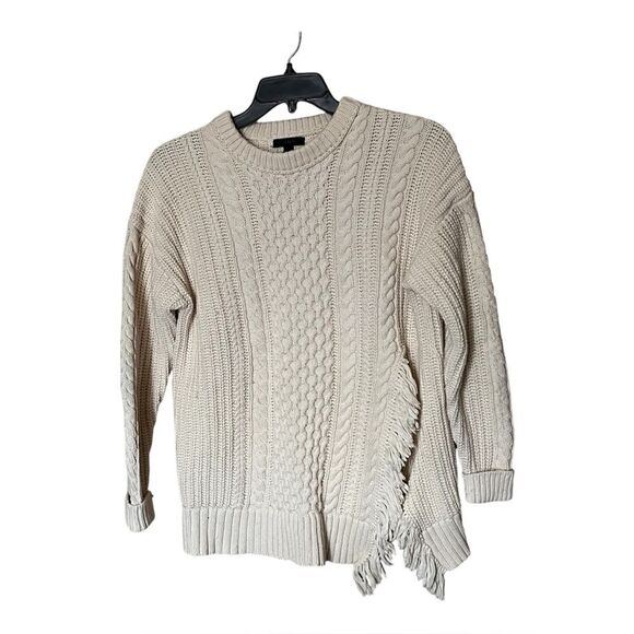 J. Crew Cream Fisherman Cable Knit Sweater with Slit & Fringe Detail Size Medium - Picture 1 of 10